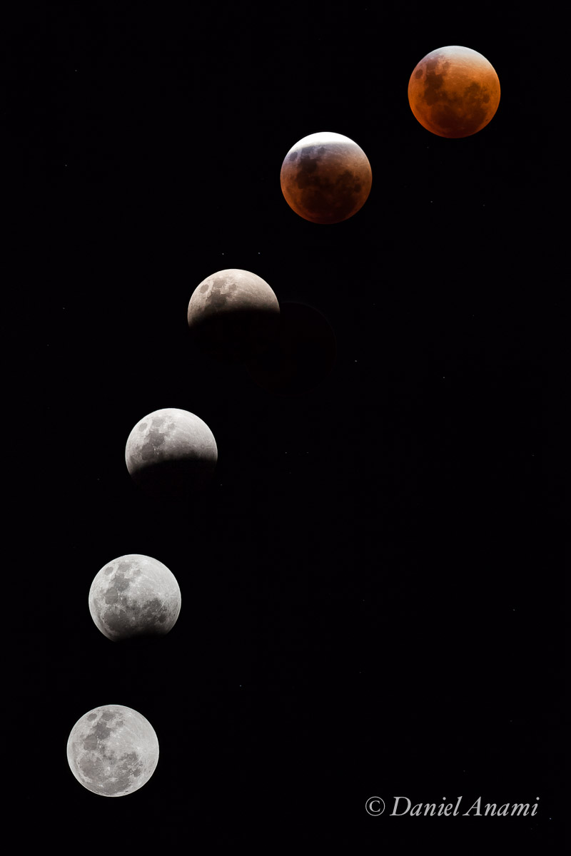 Montagem de fotos - com várias fases do eclipse da super lua em 27/09/2015, Serra do Lopo. Foto Daniel Anami.